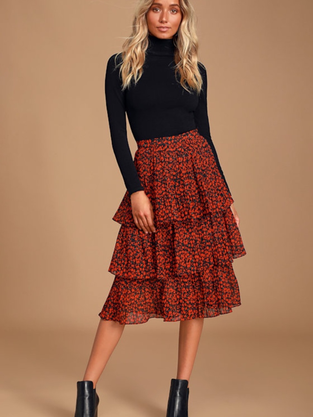 Lulus Duarte Black And Red Floral Print Pleated Tiered Midi Skirt - Size M